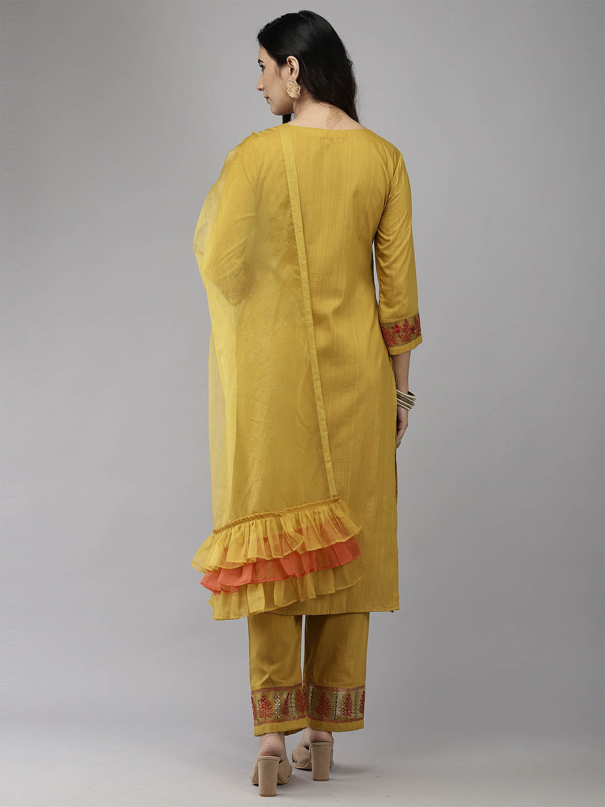 Odette Women Yellow Embroidered Straight Stitched Kurta Trouser Dupatta Set