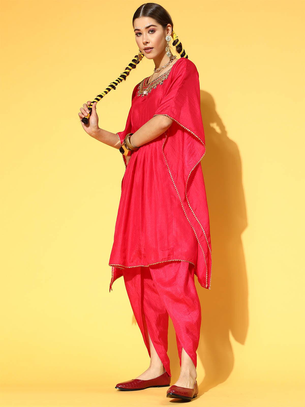 Pink Embroidered Kaftan With Dhoti Set - Odette
