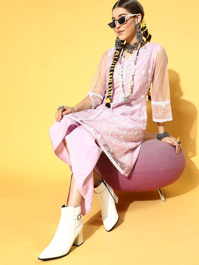 Pink Embroidered A-line Kurta With Dhoti Set - Odette