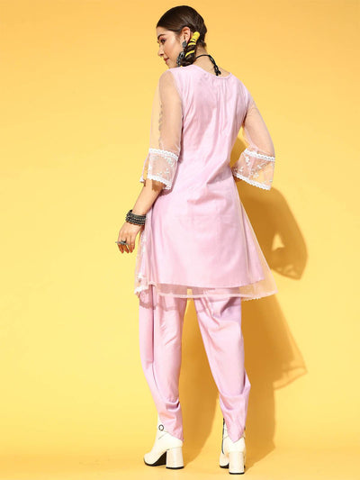Pink Embroidered A-line Kurta With Dhoti Set - Odette