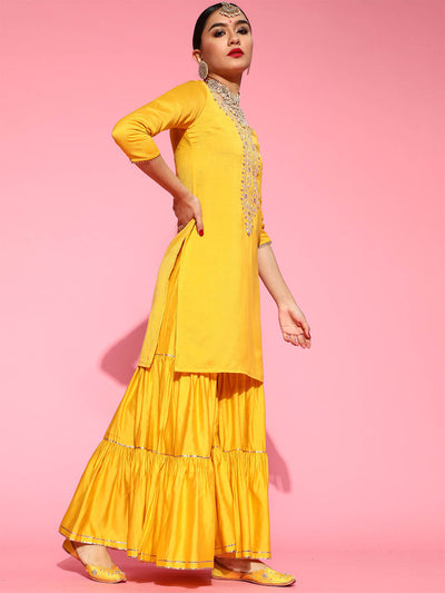 Odette Women Yellow Embroidered Straight Stitched Kurta Sharara Dupatta Set