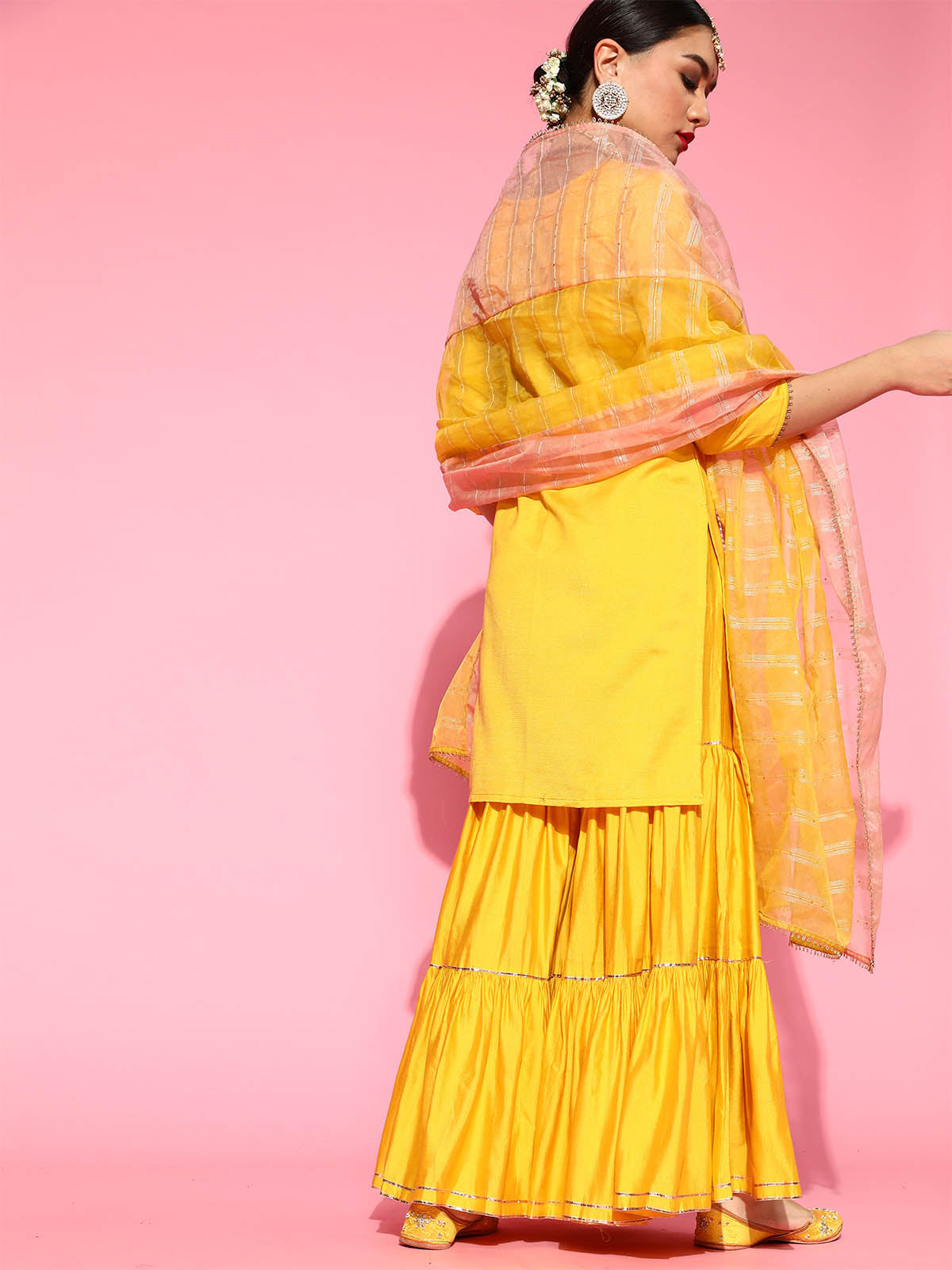 Odette Women Yellow Embroidered Straight Stitched Kurta Sharara Dupatta Set