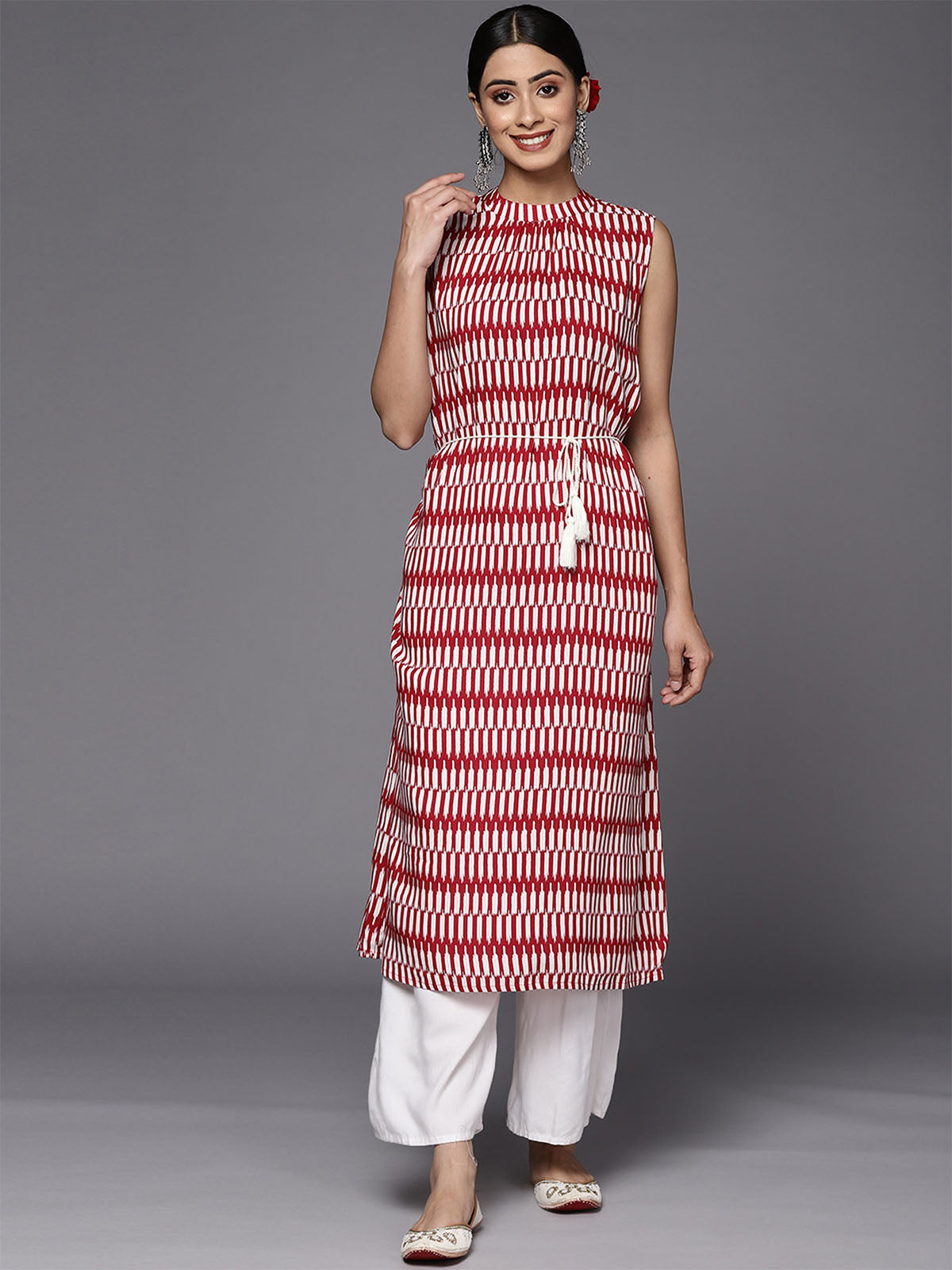 Odette Women Red And White Straight Viscose Stitched Kurta