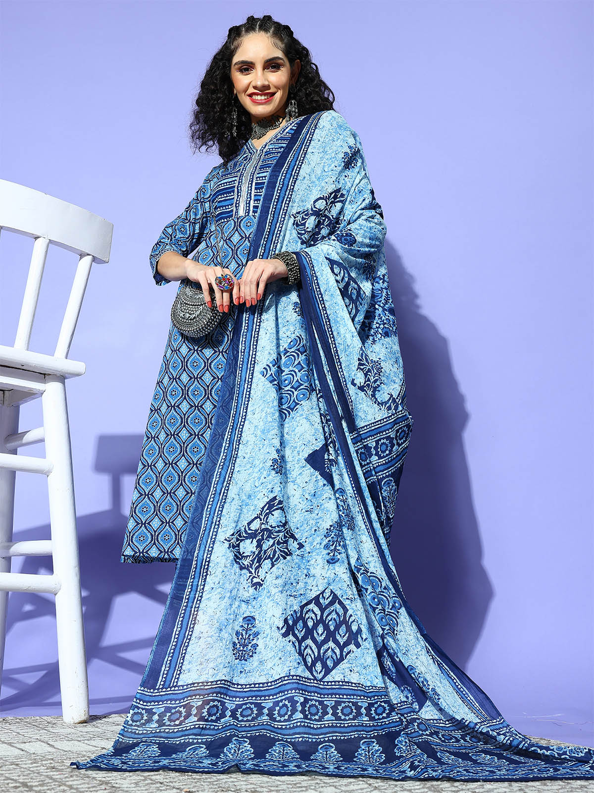 Odette Blue Printed Stitched Kurta Trouser With Dupatta Set For Women