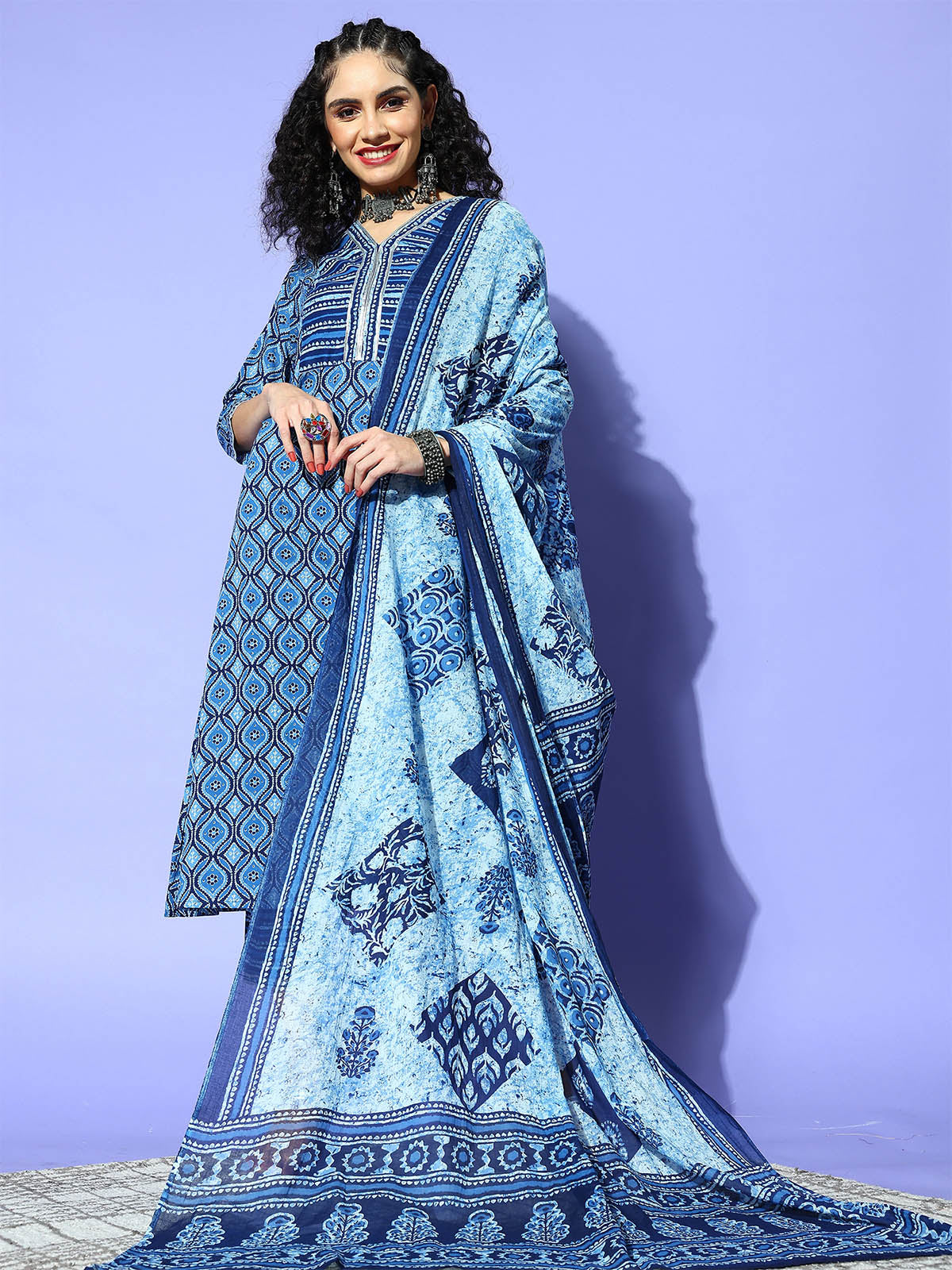 Odette Blue Printed Stitched Kurta Trouser With Dupatta Set For Women