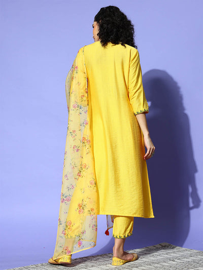 Odette Women Yellow Floral Embroidered Straight Stitched Kurta Set