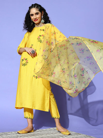 Odette Women Yellow Floral Embroidered Straight Stitched Kurta Set