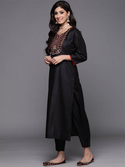 Odette Women Black Embroidered Straight Stitched Kurta Trousers With Dupatta Set