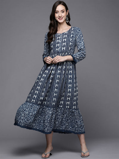 Odette Women Navy Blue Floral Printed Flared Stitched Kurta