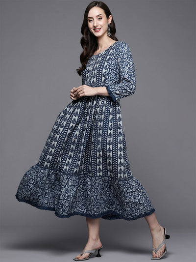 Odette Women Navy Blue Floral Printed Flared Stitched Kurta