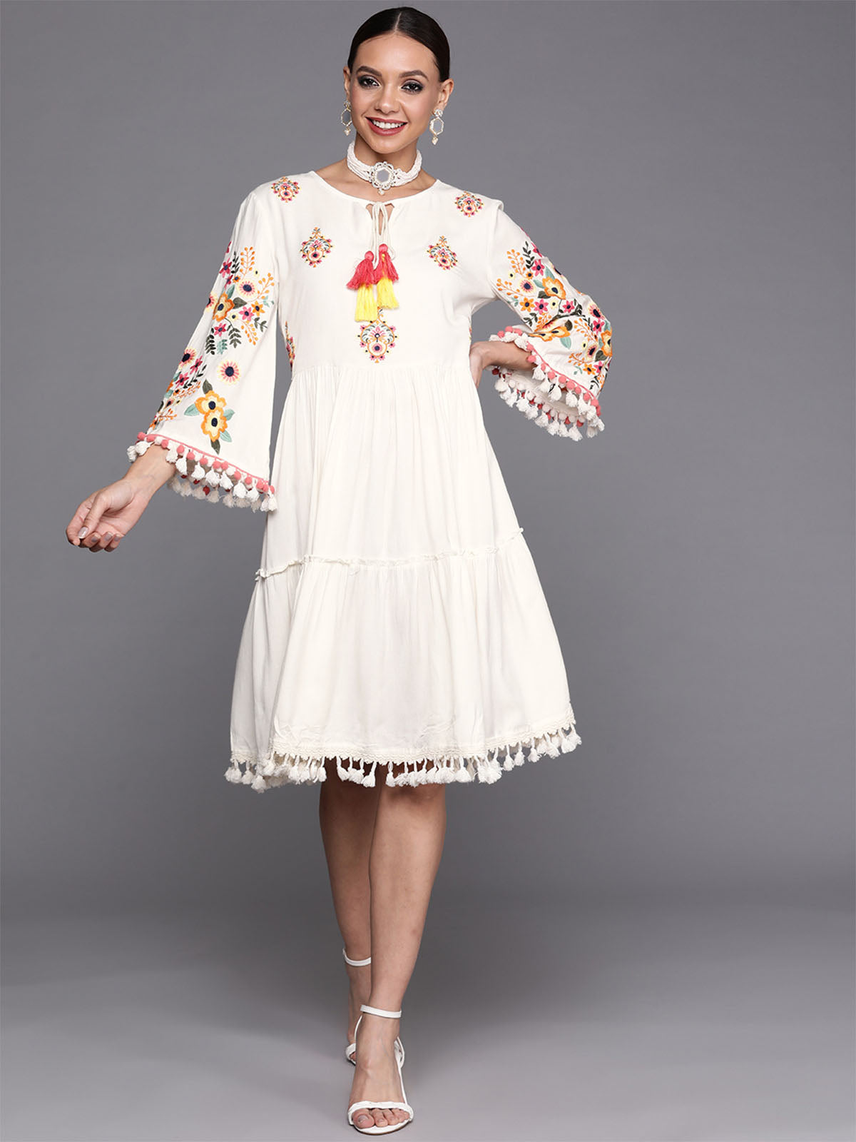 Odette Women White Embroidered Flared Stitched Kurta
