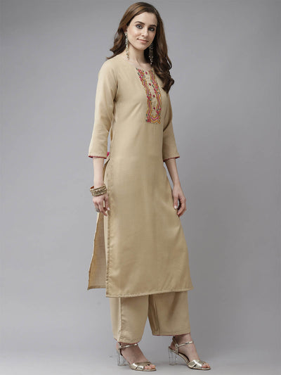 Odette Women Beige Embroidered Straight Stitched Kurta Set