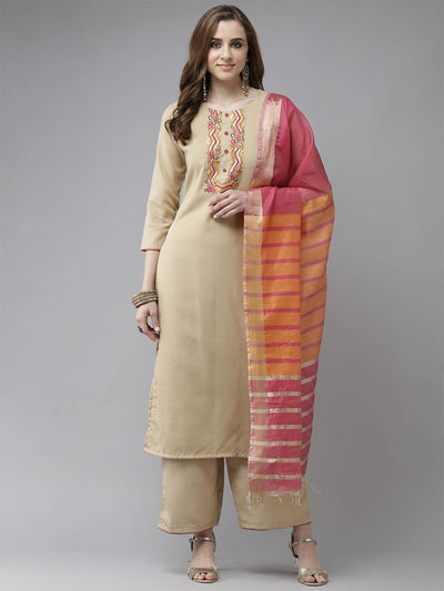 Odette Women Beige Embroidered Straight Stitched Kurta Set