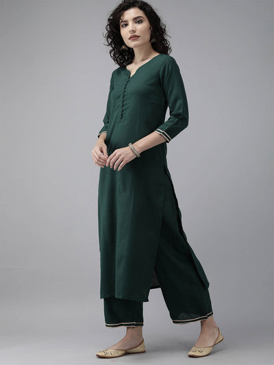 Odette Women Green Solid Straight Stitched Kurta Palazzo Set