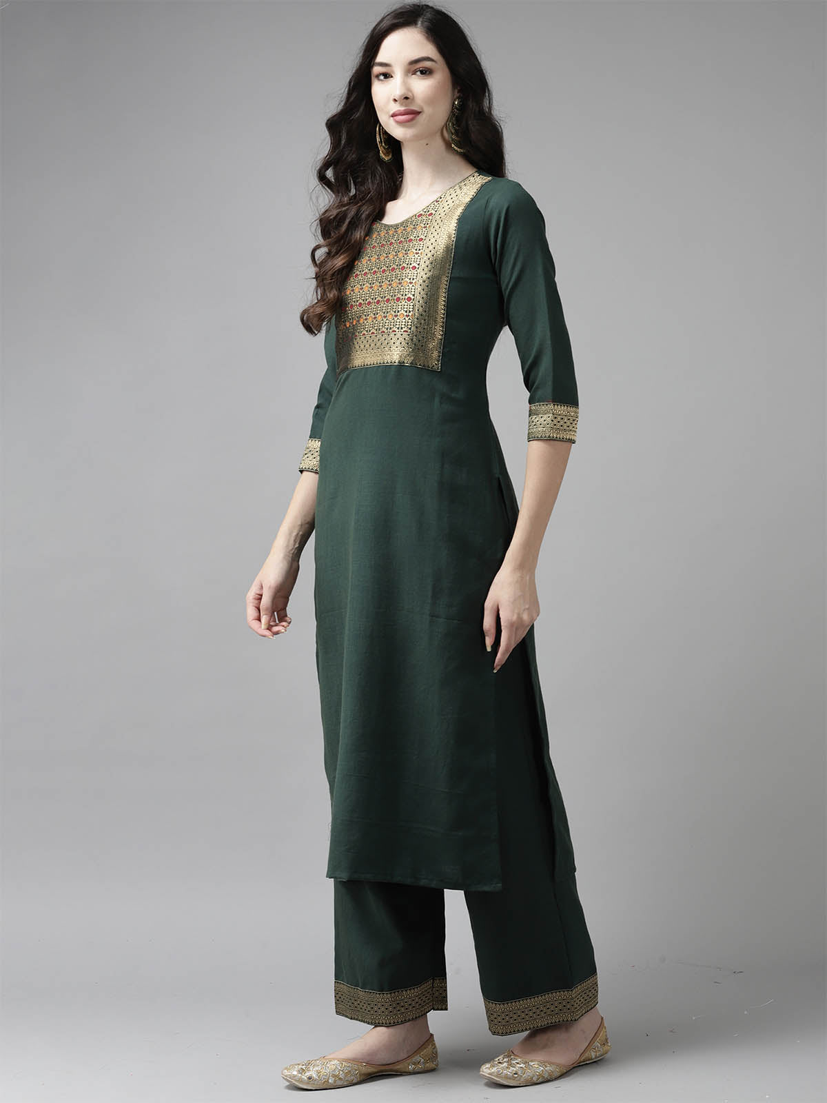 Odette Women Solid Green Straight Stitched Kurta Palazzo With Dupatta Set