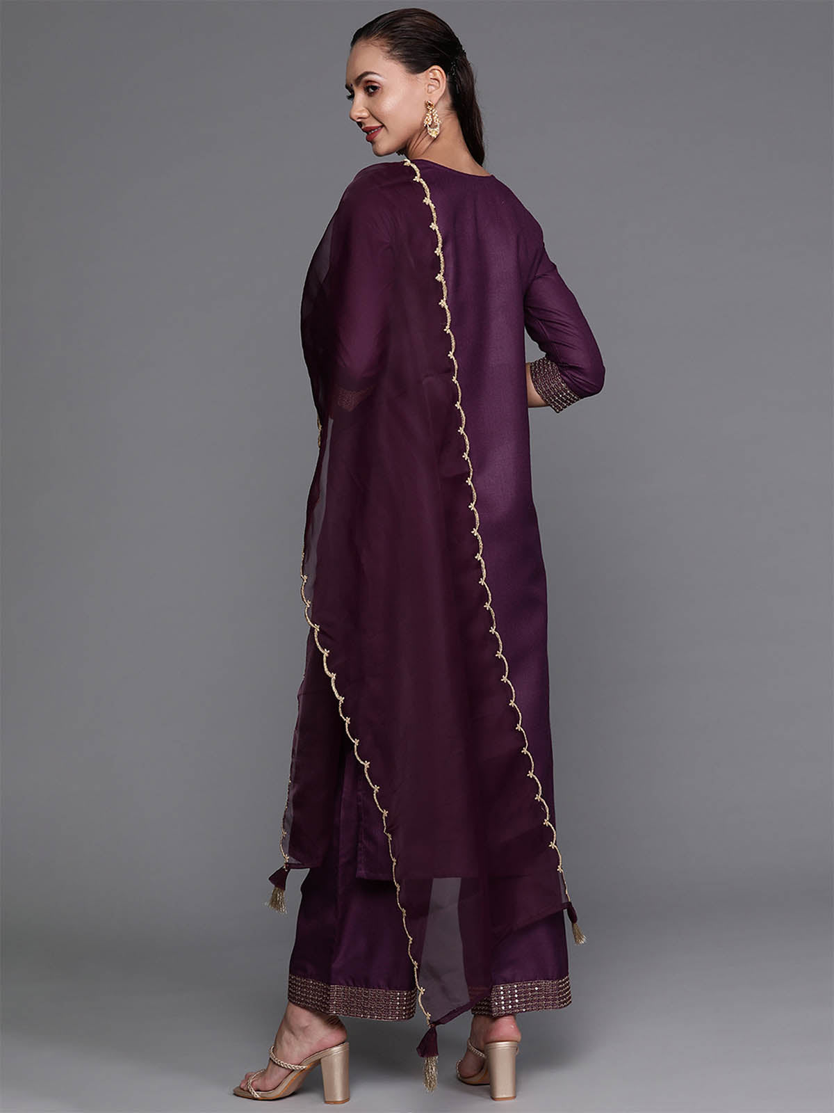 Odette Women Purple Solid Straight Stitched Kurta Palazzo With Dupatta Set