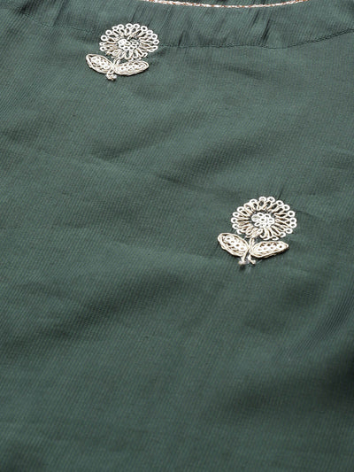 Odette Women Bottle Green Embroidered Straight Stitched Kurta Set