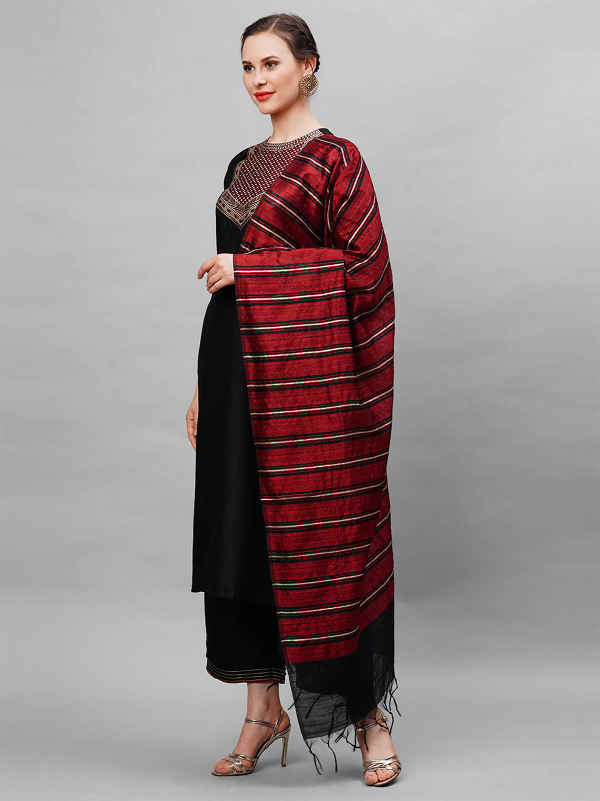 Odette Women Black Solid Straight Stitched Kurta Palazzo With Dupatta Set