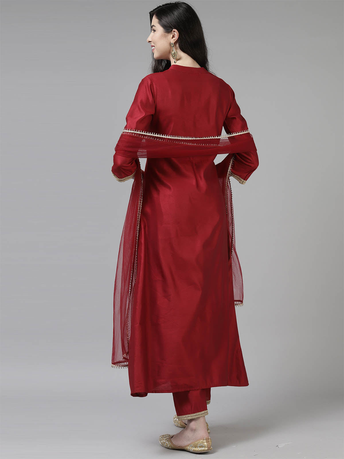Odette Women Red Embroidered Straight Stitched Kurta Set