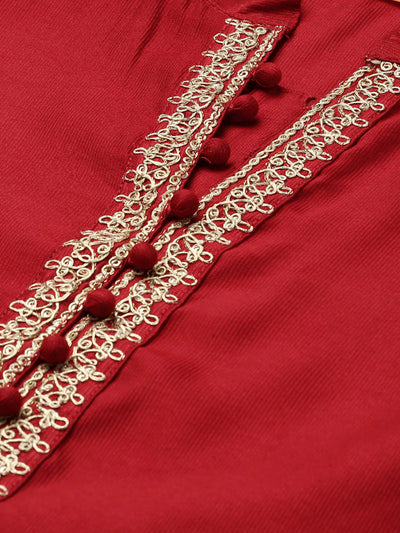 Odette Women Red Embroidered Straight Stitched Kurta Set
