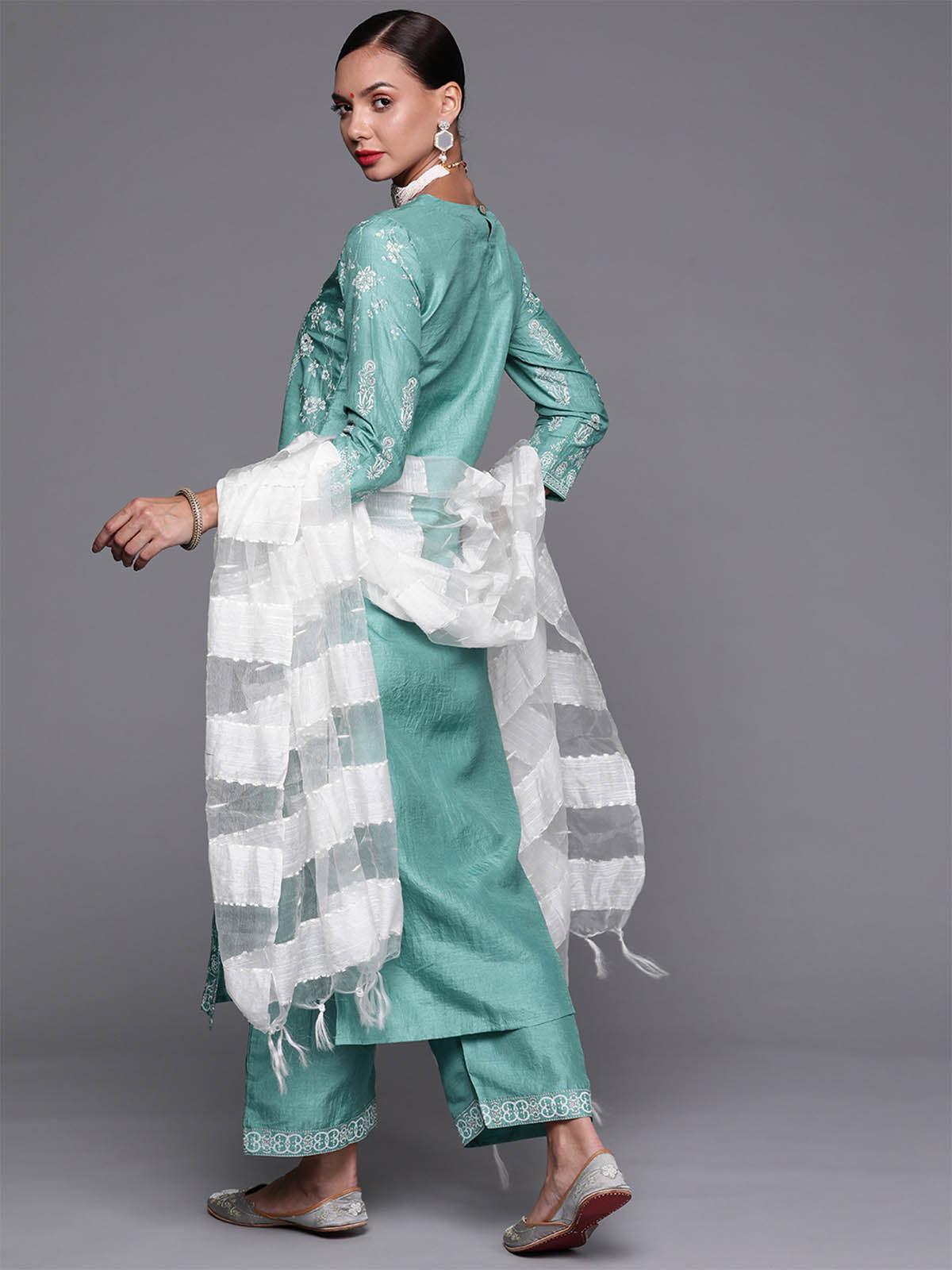 Odette Women Sea Green Foil Printed Straight Stitched Kurta Palazzo With Dupatta Set