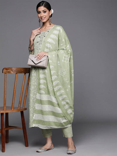 Odette Green Printed Stitched Kurta Set For Women