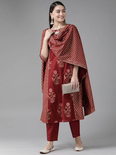 Odette Women Maroon Printed Straight Stitched Kurta Trouser With Dupatta Set