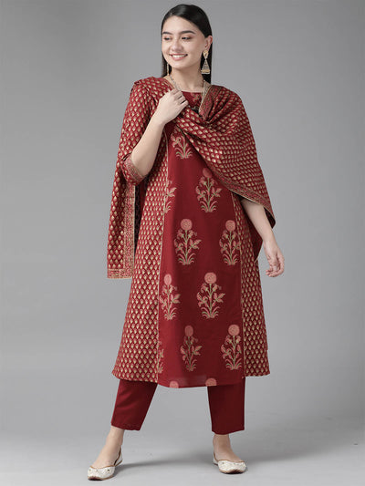 Odette Women Maroon Printed Straight Stitched Kurta Trouser With Dupatta Set