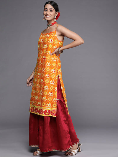 Odette Women Orange Printed Straight Stitched Kurta Sharara With Dupatta Set