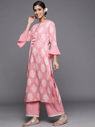 Odette Women Pink Printed Straight Stitched Kurta Set