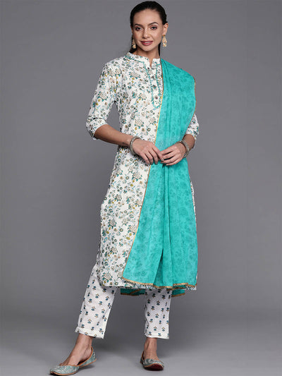 Sea Green Floral Printed Straight Stitched Kurta Trouser With Dupatta Set