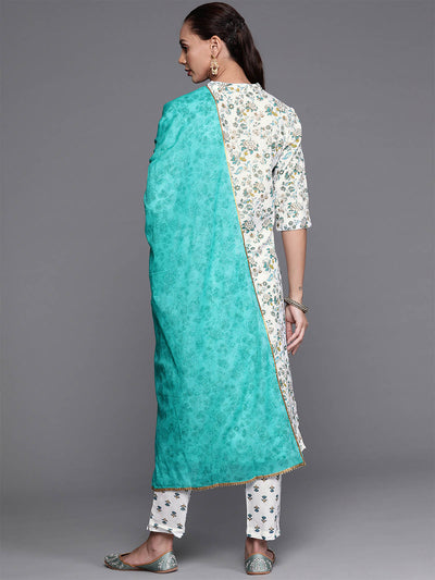 Sea Green Floral Printed Straight Stitched Kurta Trouser With Dupatta Set