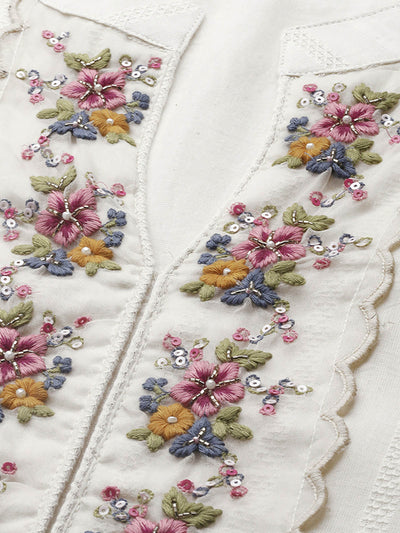 Odette Women White Embroidered Stitched Kurta Set