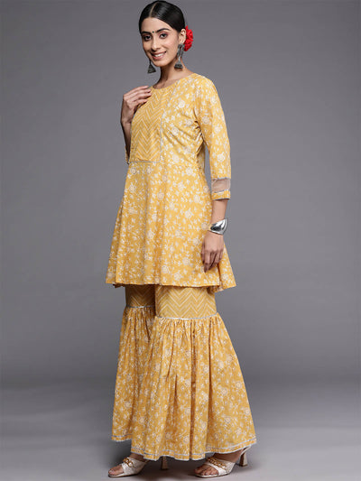 Yellow Printed A-Line Stitched Kurta Sharara With Dupatta Set