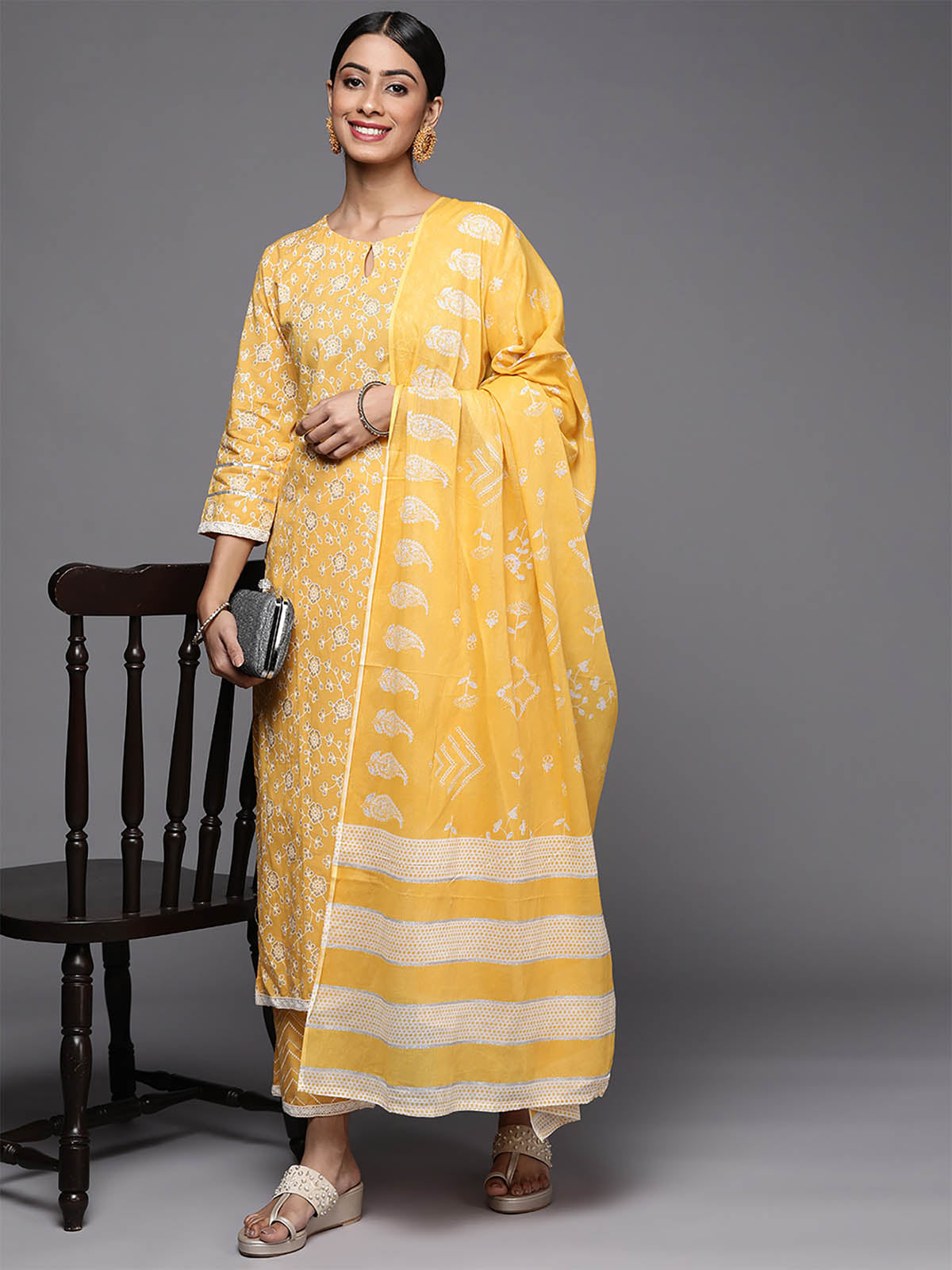 Odette Women Yellow Printed Stitched Kurta Palazzo Dupatta Set