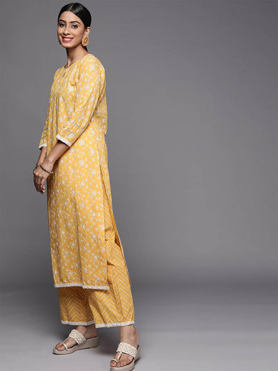 Odette Women Yellow Printed Stitched Kurta Palazzo Dupatta Set