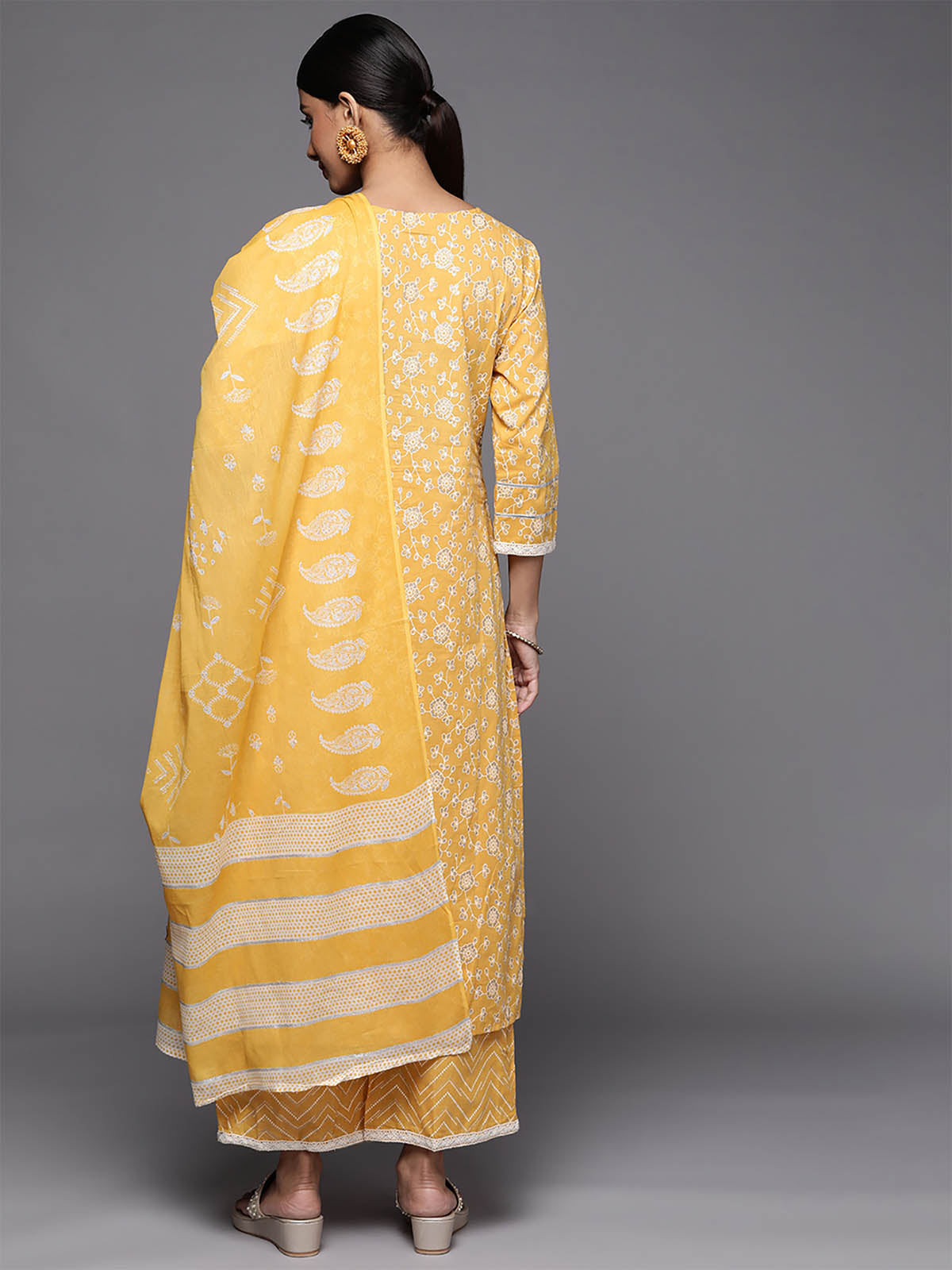 Odette Women Yellow Printed Stitched Kurta Palazzo Dupatta Set