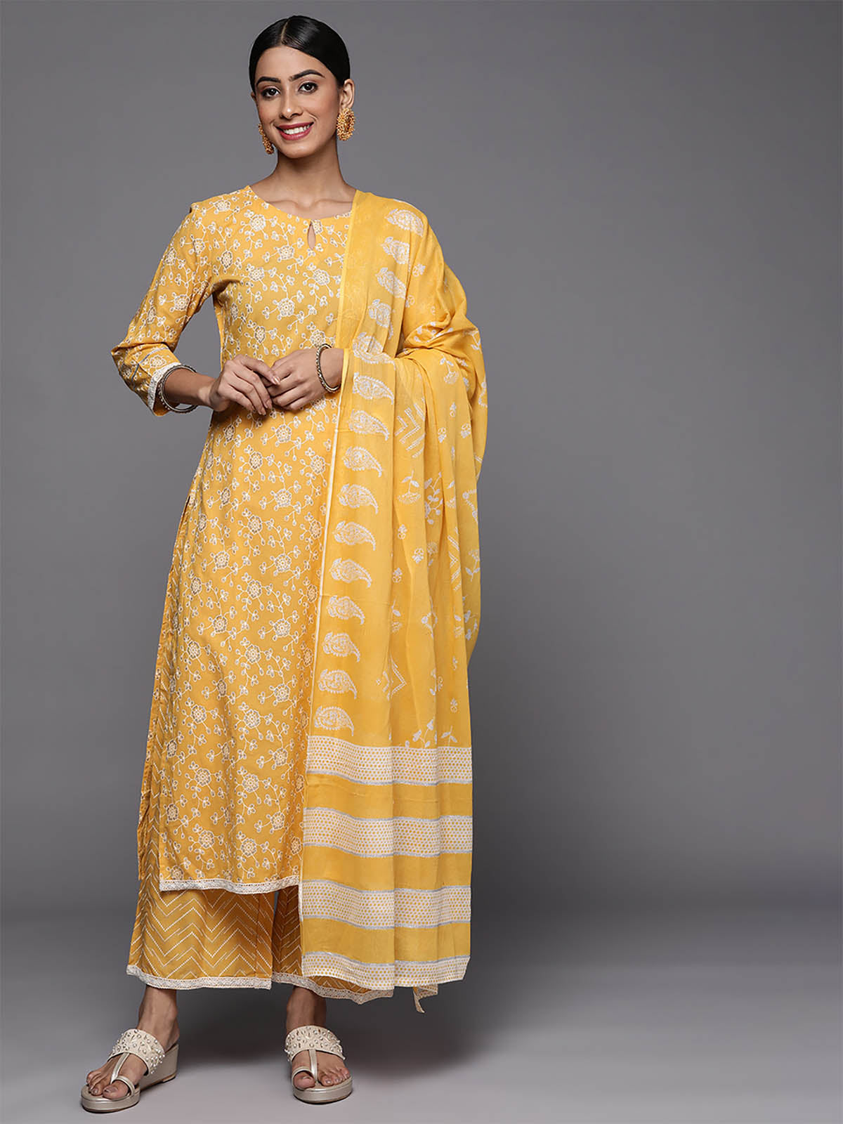 Odette Women Yellow Printed Stitched Kurta Palazzo Dupatta Set