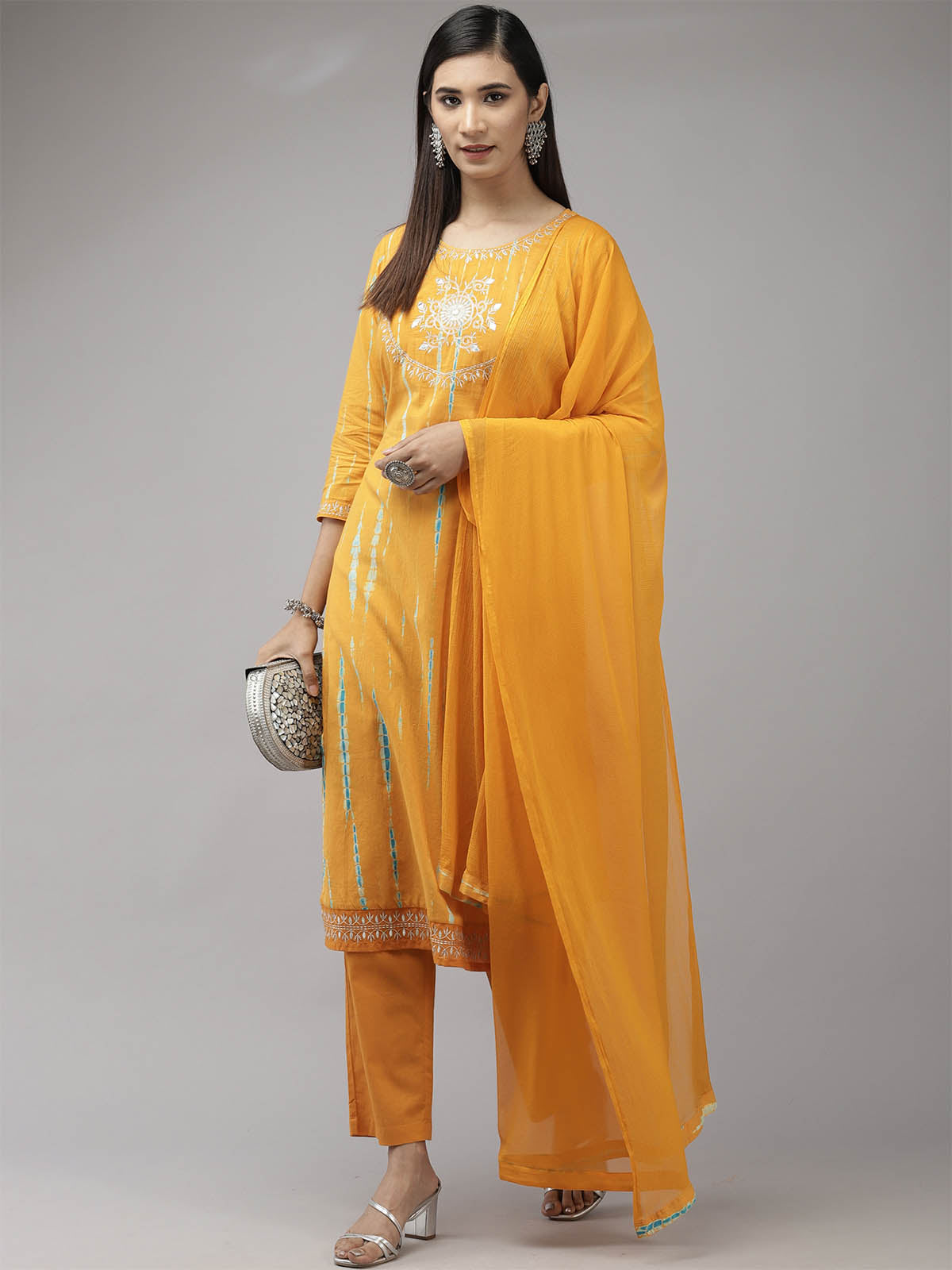 Odette Women Yellow Embroidered Straight Stitched Kurta Set