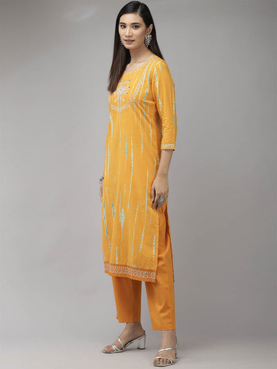 Odette Women Yellow Embroidered Straight Stitched Kurta Set