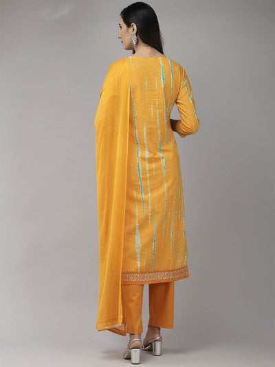 Odette Women Yellow Embroidered Straight Stitched Kurta Set