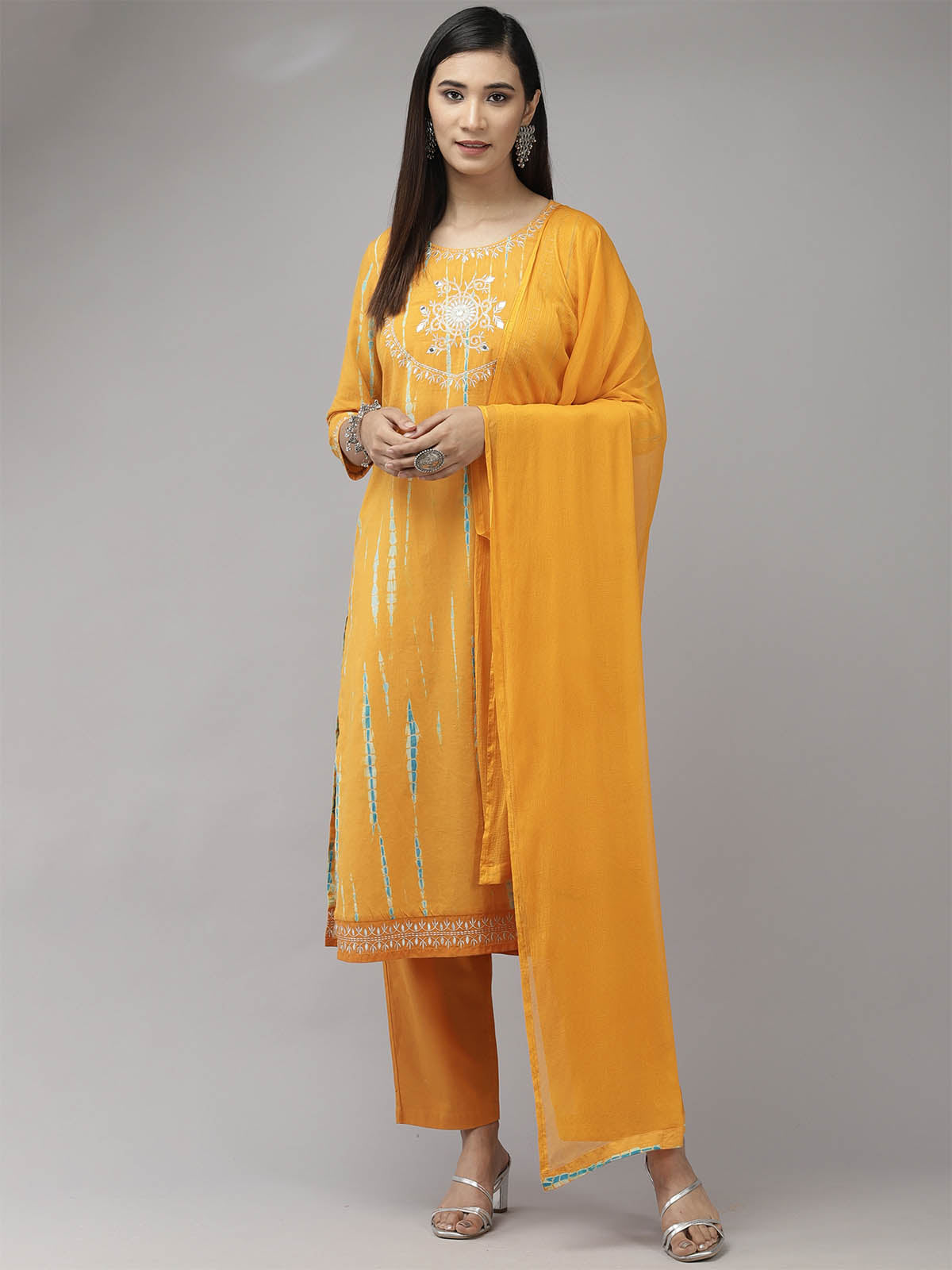 Odette Women Yellow Embroidered Straight Stitched Kurta Set