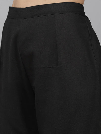 Odette Women Black Solid Straight Stitched Kurta Set