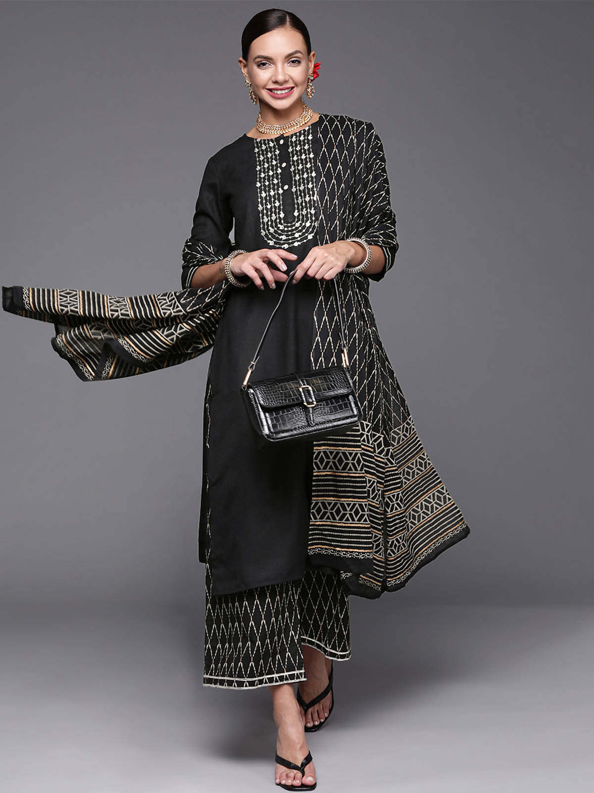 Odette Women Black Embroidered Straight Stitched Kurta Palazzo With Dupatta Set