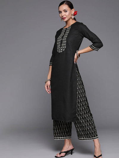 Odette Women Black Embroidered Straight Stitched Kurta Palazzo With Dupatta Set