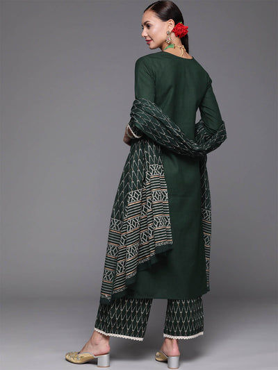 Odette Women Green Embroidered Straight Stitched Kurta Palazzo With Dupatta Set
