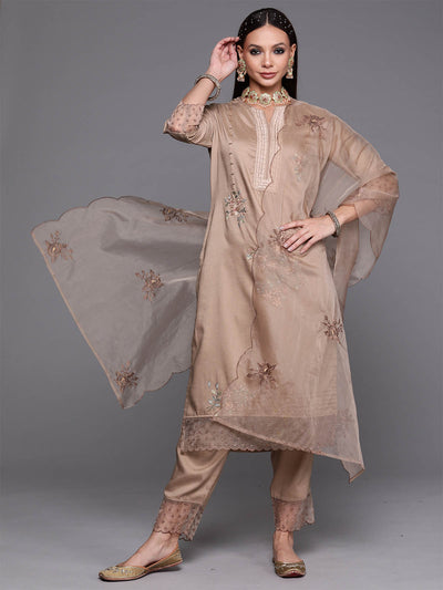 Beige Floral Embroidered Straight Stitched Kurta Trouser With Dupatta Set