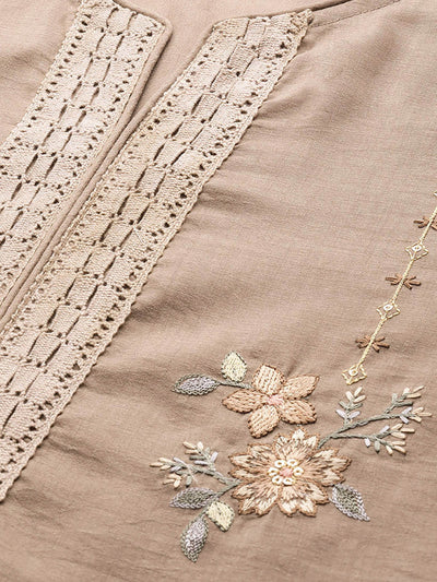 Beige Floral Embroidered Straight Stitched Kurta Trouser With Dupatta Set