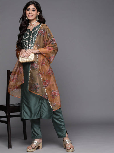 Odette Women Green Embroidered Straight Stitched Kurta Trousers With Dupatta Set