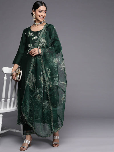 Odette Women Dark Green Embroidered Straight Stitched Kurta Set